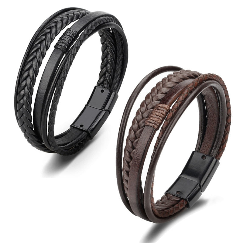 ZOSHI Trendy Genuine Leather Bracelets Mens Multilayer Braided Rope