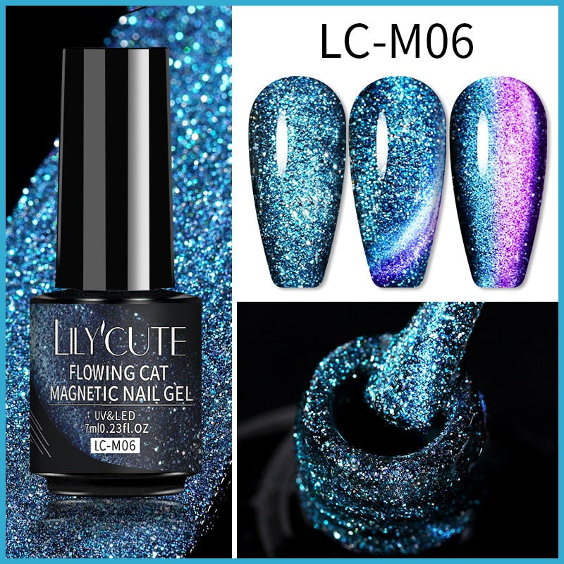 LILYCUTE 9D Rainbow Glitter Cat Magnetic Nail Gel Polish Holographic