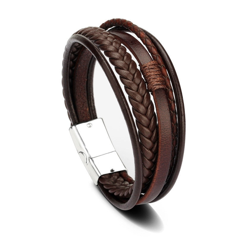 ZOSHI Trendy Genuine Leather Bracelets Mens Multilayer Braided Rope