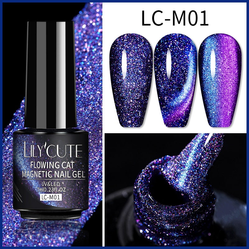 LILYCUTE 9D Rainbow Glitter Cat Magnetic Nail Gel Polish Holographic