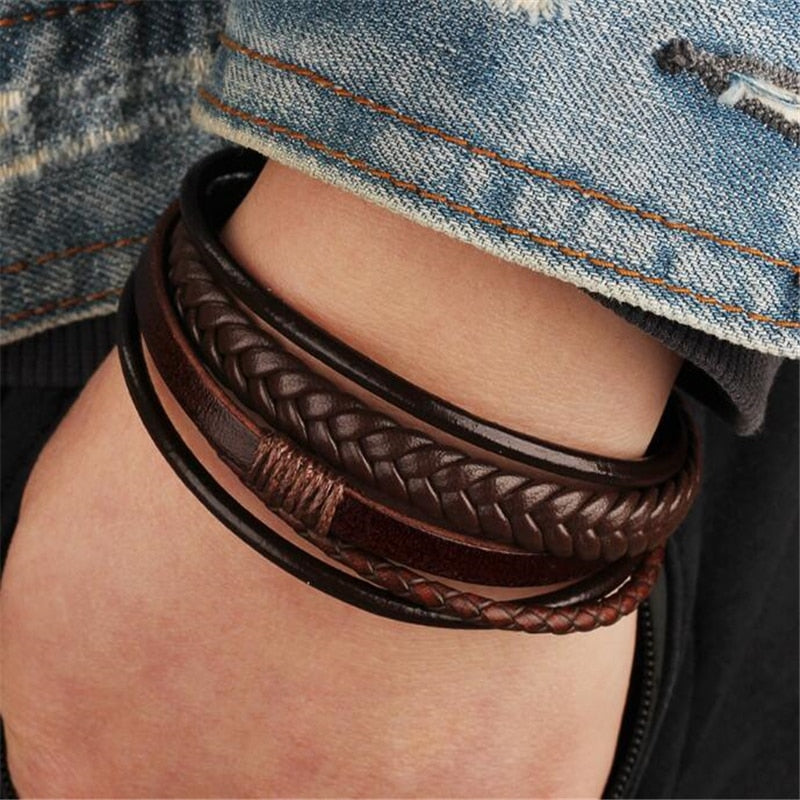 ZOSHI Trendy Genuine Leather Bracelets Mens Multilayer Braided Rope