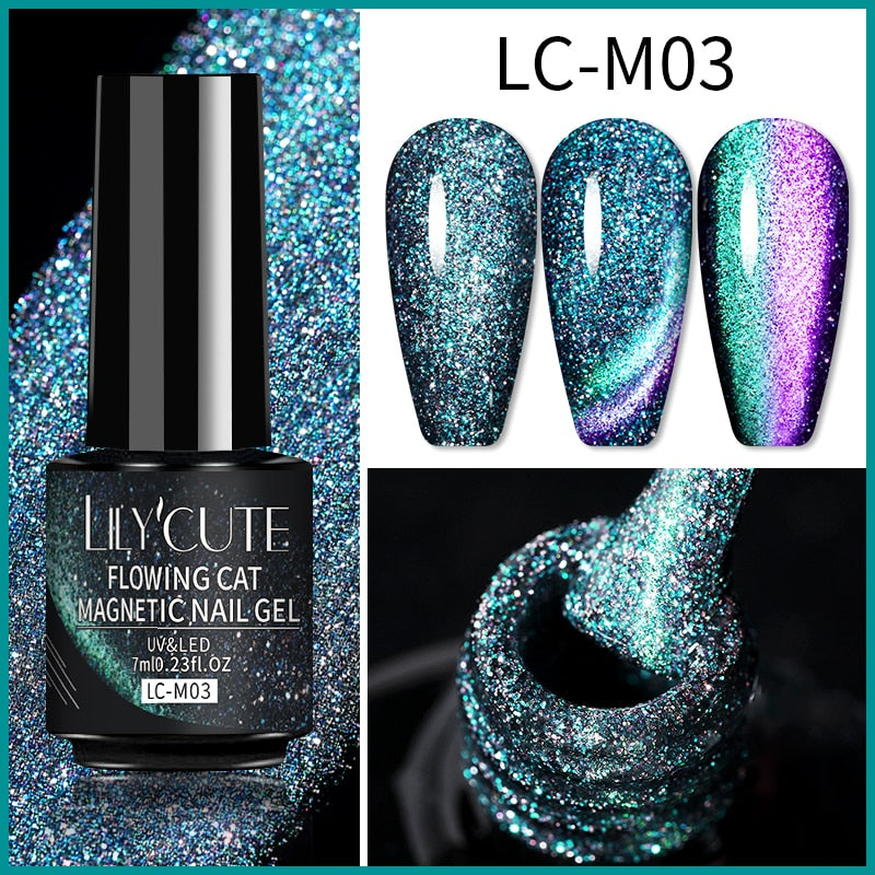 LILYCUTE 9D Rainbow Glitter Cat Magnetic Nail Gel Polish Holographic