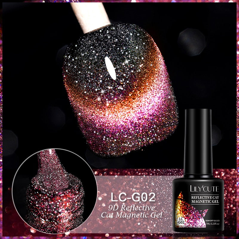 LILYCUTE 9D Rainbow Glitter Cat Magnetic Nail Gel Polish Holographic