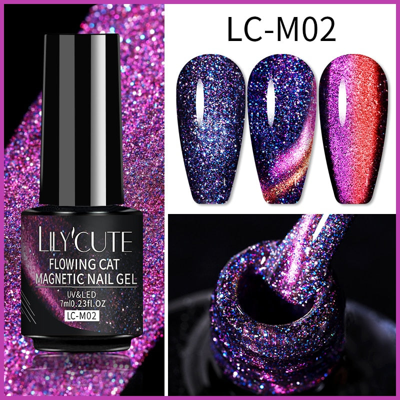 LILYCUTE 9D Rainbow Glitter Cat Magnetic Nail Gel Polish Holographic