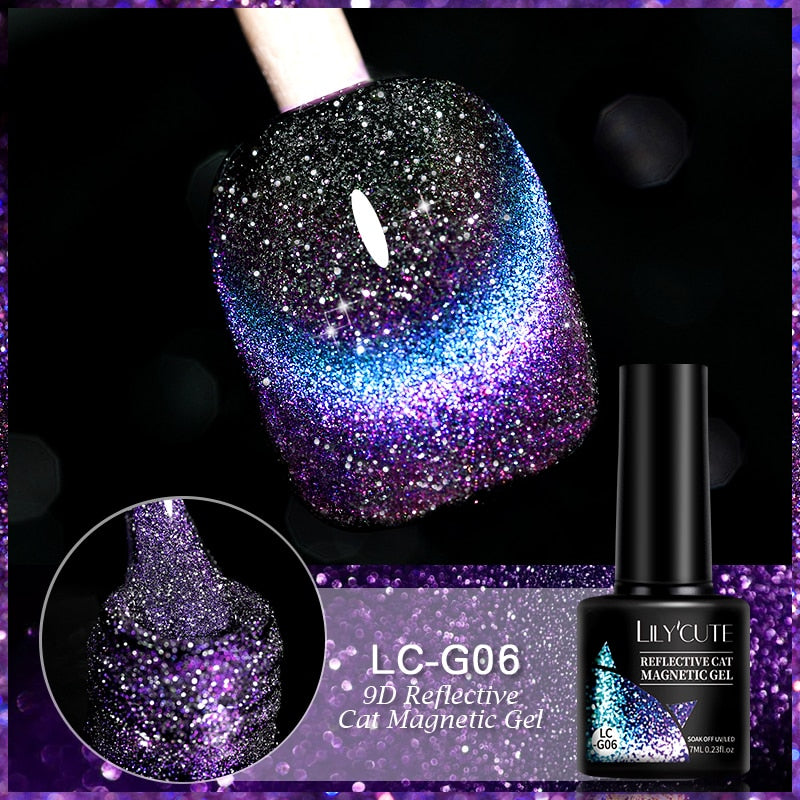 LILYCUTE 9D Rainbow Glitter Cat Magnetic Nail Gel Polish Holographic