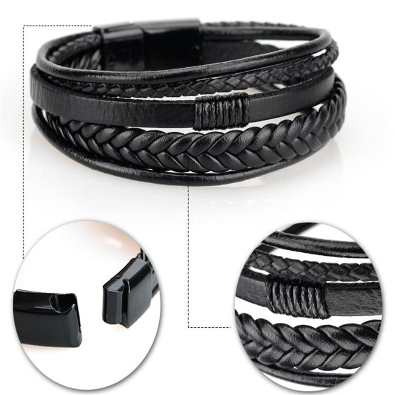 ZOSHI Trendy Genuine Leather Bracelets Mens Multilayer Braided Rope