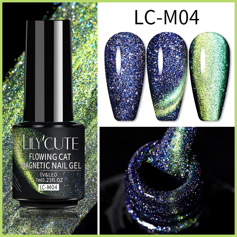 LILYCUTE 9D Rainbow Glitter Cat Magnetic Nail Gel Polish Holographic