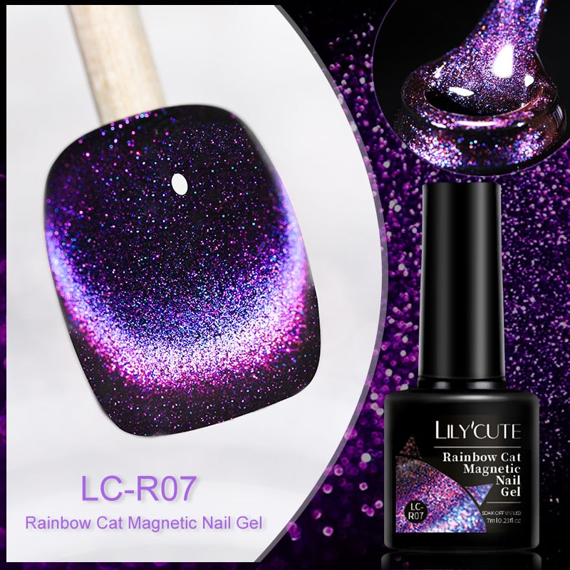 LILYCUTE 9D Rainbow Glitter Cat Magnetic Nail Gel Polish Holographic