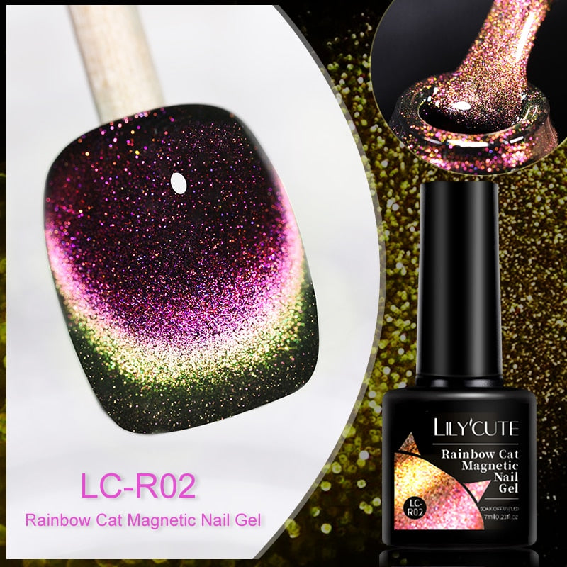 LILYCUTE 9D Rainbow Glitter Cat Magnetic Nail Gel Polish Holographic