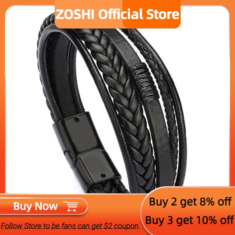 ZOSHI Trendy Genuine Leather Bracelets Mens Multilayer Braided Rope