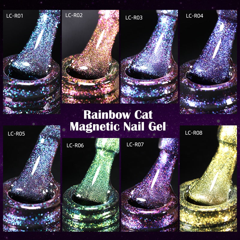 LILYCUTE 9D Rainbow Glitter Cat Magnetic Nail Gel Polish Holographic