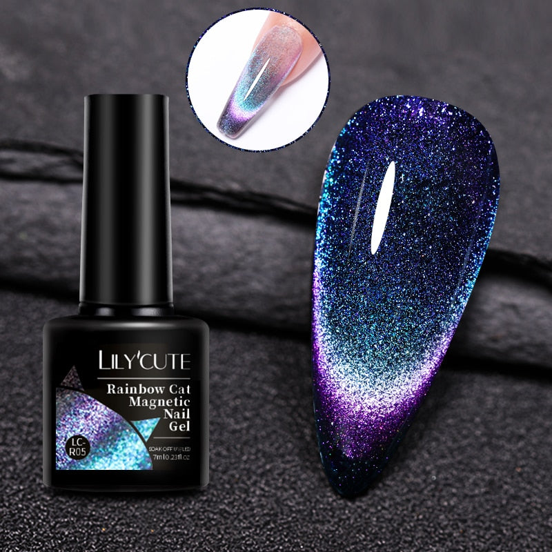 LILYCUTE 9D Rainbow Glitter Cat Magnetic Nail Gel Polish Holographic